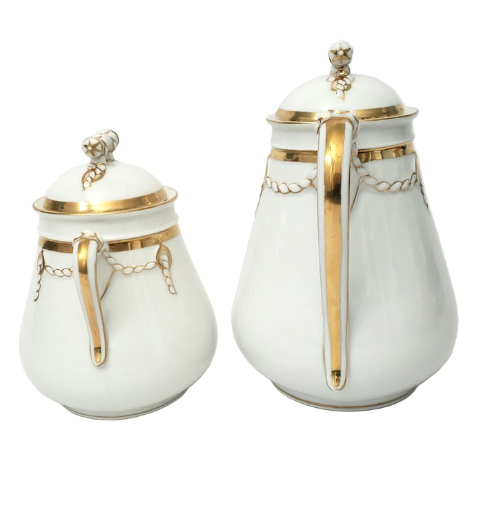Antique White & Gold Teapot & Sugar Bowl Set Cable Shape Twisted Rope & Rings Hope & Carter Staffordshire England