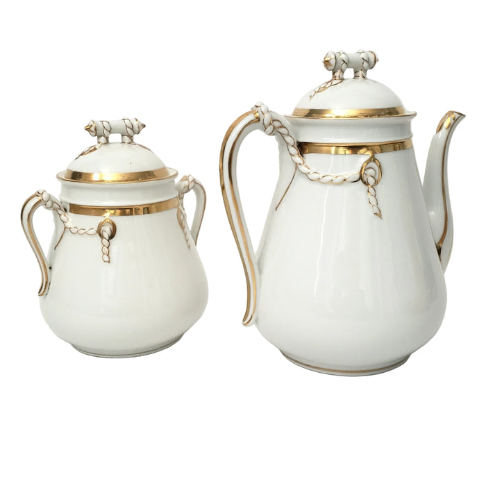 Antique White & Gold Teapot & Sugar Bowl Set Cable Shape Twisted Rope & Rings Hope & Carter Staffordshire England