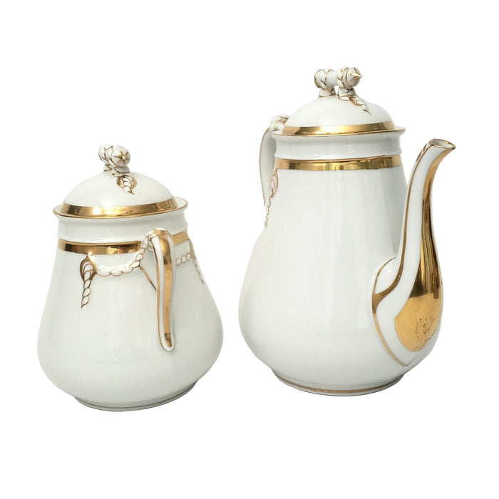 Antique White & Gold Teapot & Sugar Bowl Set Cable Shape Twisted Rope & Rings Hope & Carter Staffordshire England