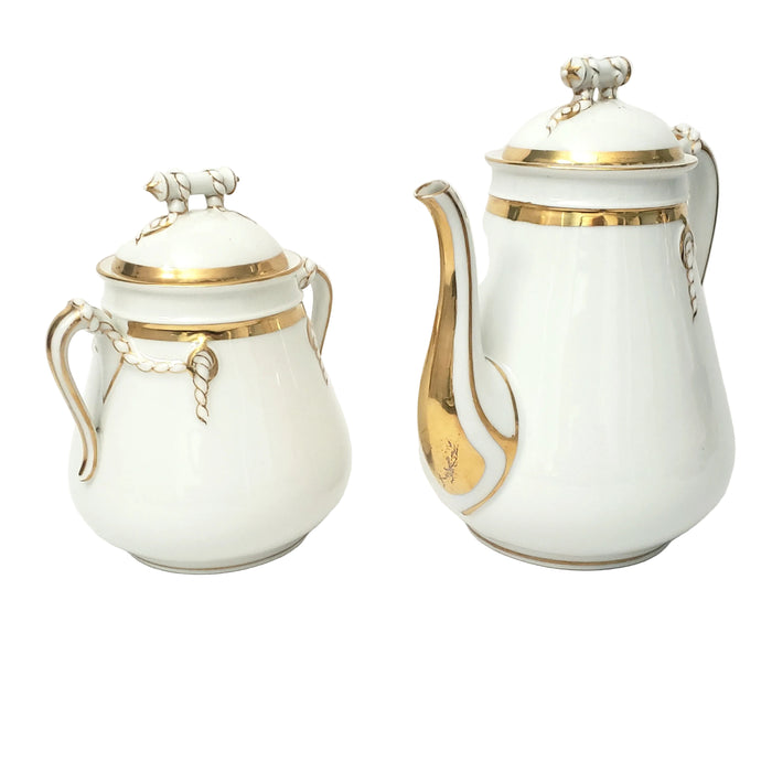 Antique White & Gold Teapot & Sugar Bowl Set Cable Shape Twisted Rope & Rings Hope & Carter Staffordshire England