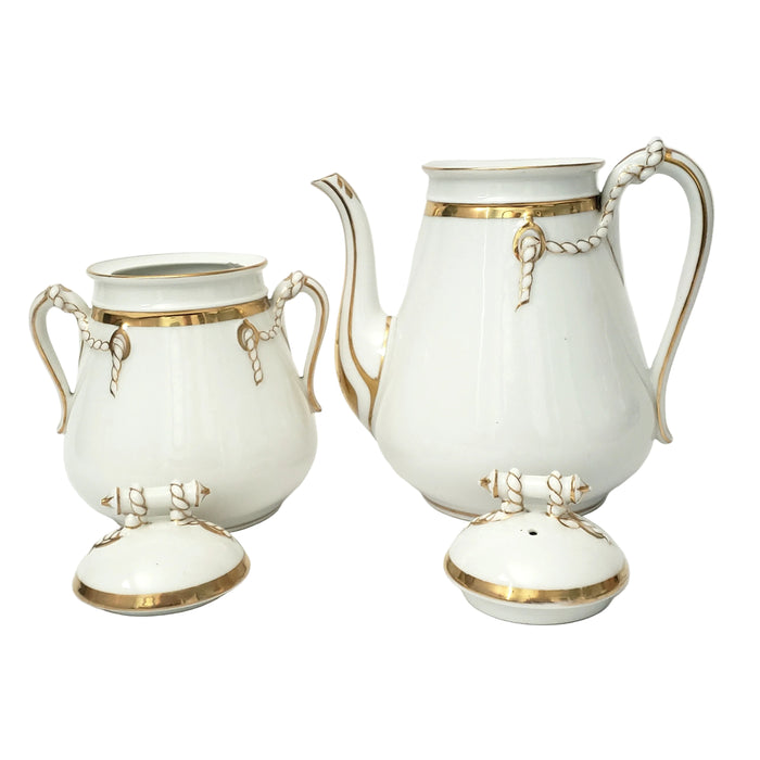 Antique White & Gold Teapot & Sugar Bowl Set Cable Shape Twisted Rope & Rings Hope & Carter Staffordshire England
