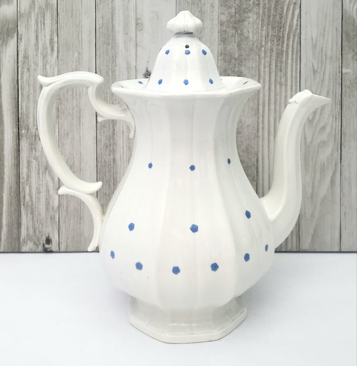 Antique White Granite Ironstone Teapot Blue Flower Heads 11" William Ridgway & Co. England