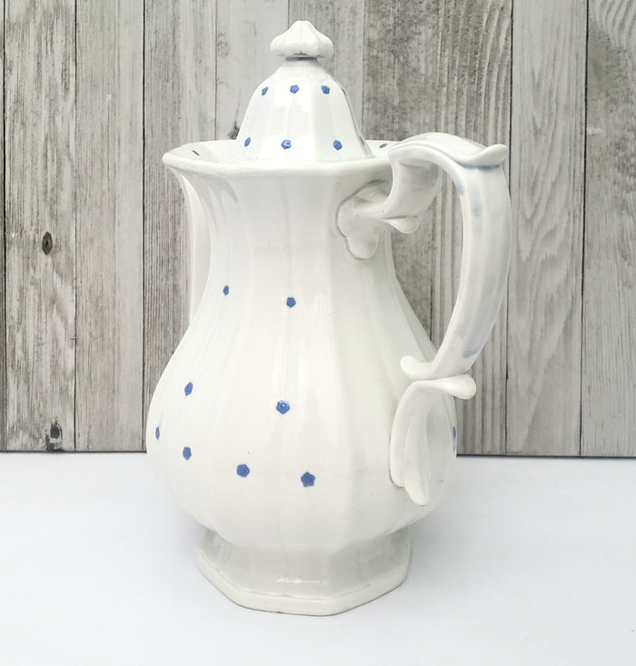 Antique White Granite Ironstone Teapot Blue Flower Heads 11" William Ridgway & Co. England
