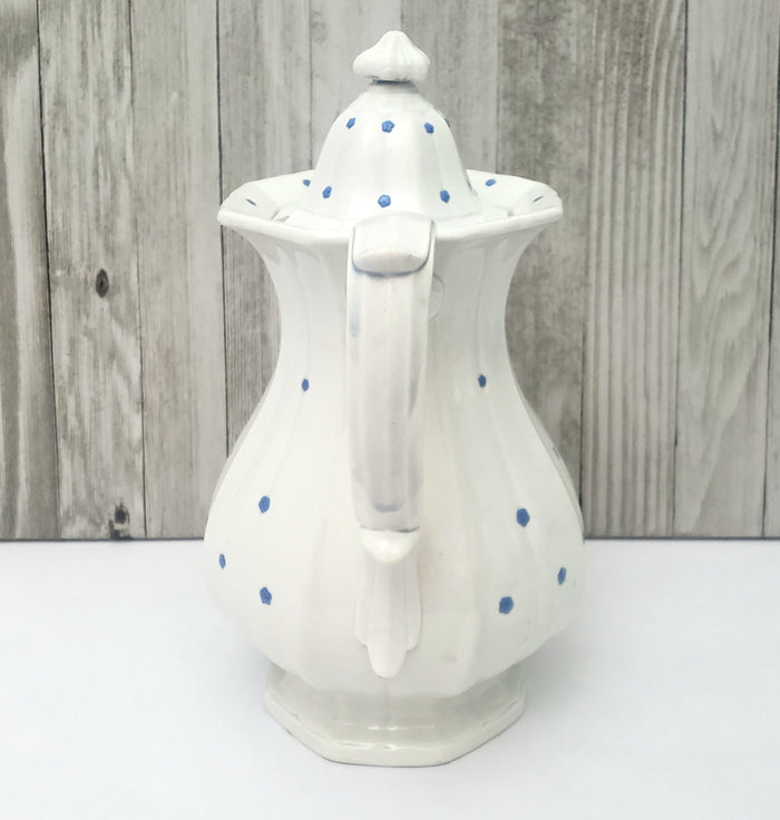 Antique White Granite Ironstone Teapot Blue Flower Heads 11" William Ridgway & Co. England