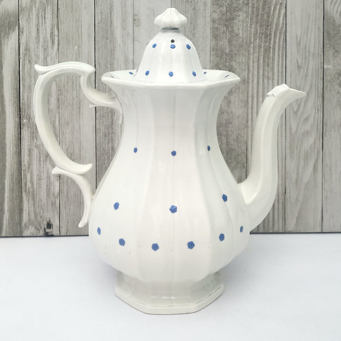 Antique White Granite Ironstone Teapot Blue Flower Heads 11" William Ridgway & Co. England