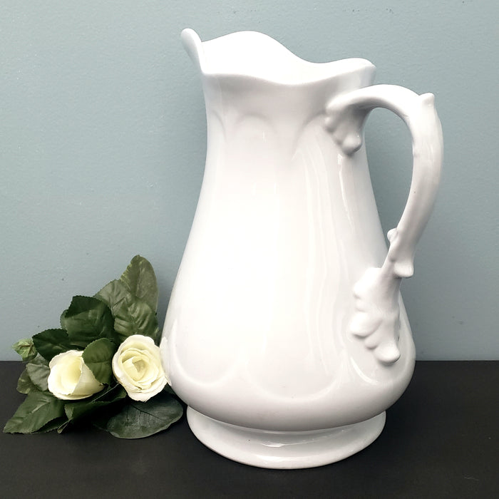 Antique White Ironstone Pitcher Large 12" Scalloped Rim James Edwards Burslem England