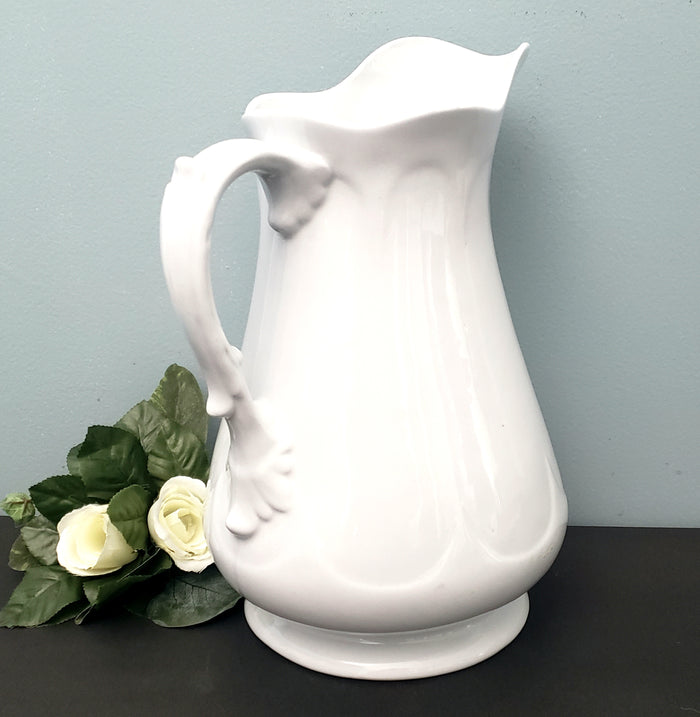 Antique White Ironstone Pitcher Large 12" Scalloped Rim James Edwards Burslem England