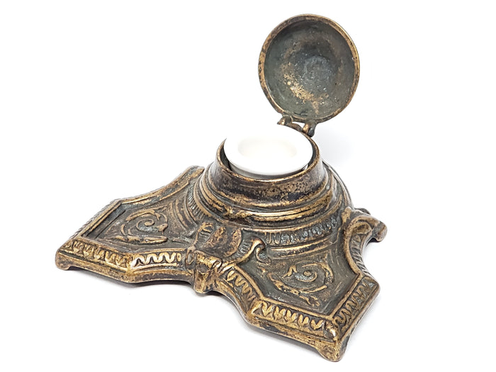 Art Deco Brass Inkwell With Porcelain Insert Cup