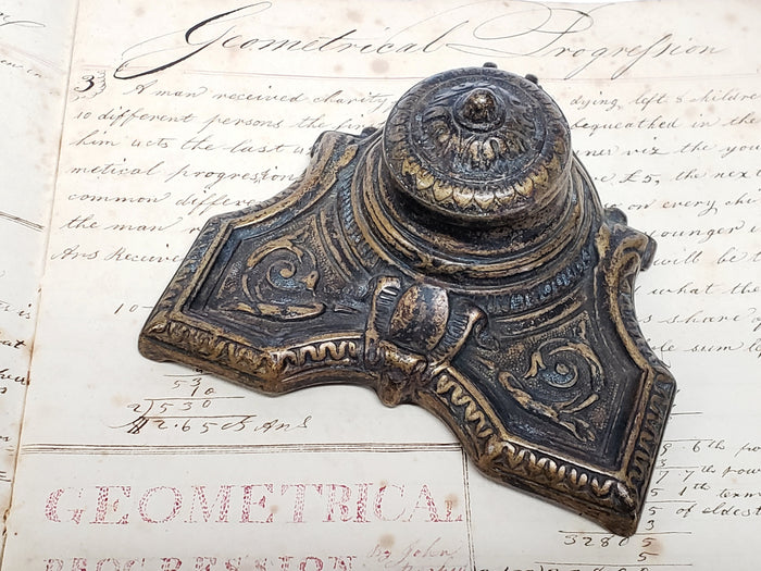Art Deco Brass Inkwell With Porcelain Insert Cup