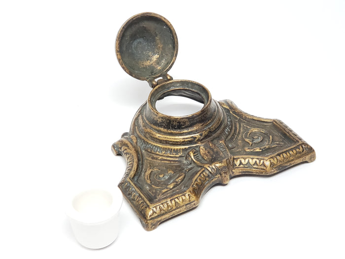 Art Deco Brass Inkwell With Porcelain Insert Cup
