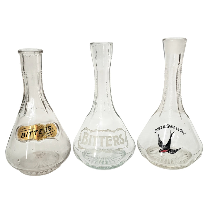 Art Deco Clear Glass BITTERS Decanters Collection of 3 Missing Stoppers Barware Decor