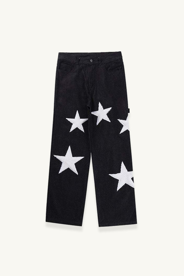 Variant image for Baggy Wide Leg Jeans with Unique Star Patchwork Design and Comfortable Mid-Waist Fit in Dark Indigo-1