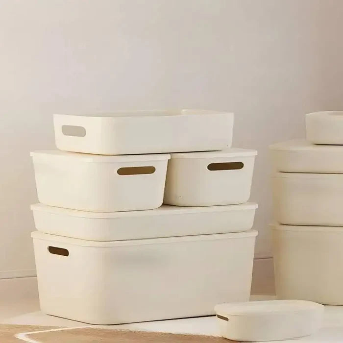 Beige PP Ins Style Storage Box with Lid - Home Organizers for Dustproof Clothing & Toys