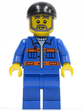 Blue Jacket with Pockets and Orange Stripes, Blue Legs, Black Short Bill Cap, Gray Beard