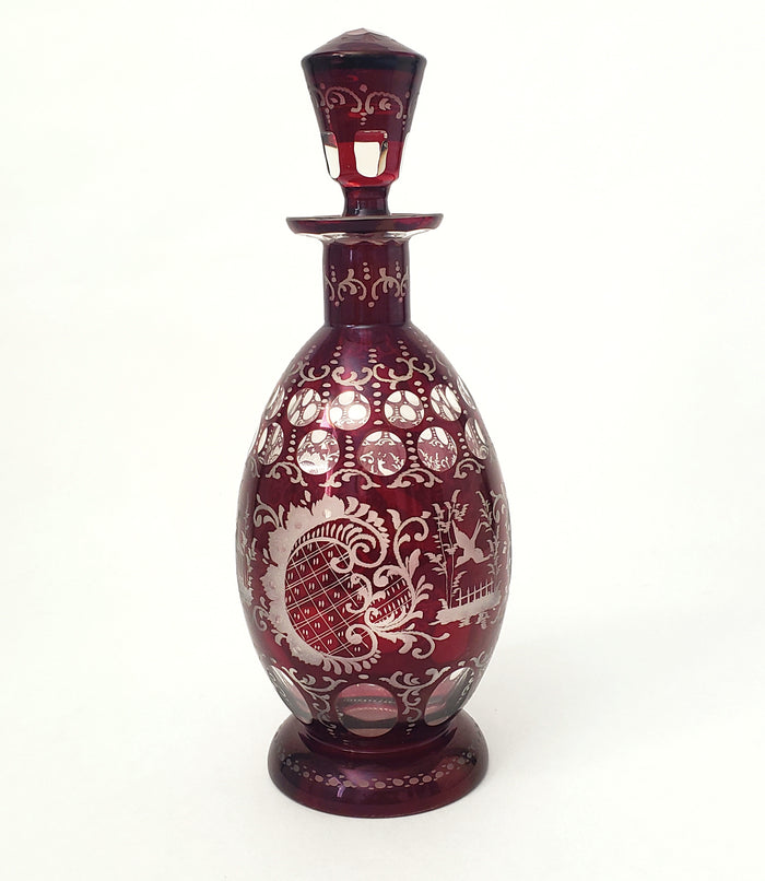 Bohemian Ruby Red Cut to Clear & Etched Glass Decanter with Matching Stopper