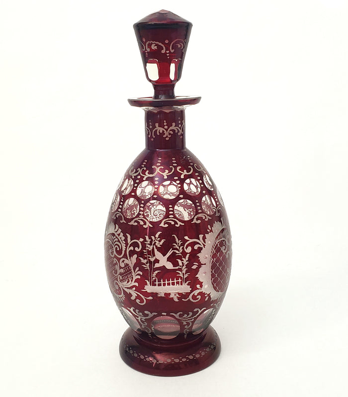 Bohemian Ruby Red Cut to Clear & Etched Glass Decanter with Matching Stopper