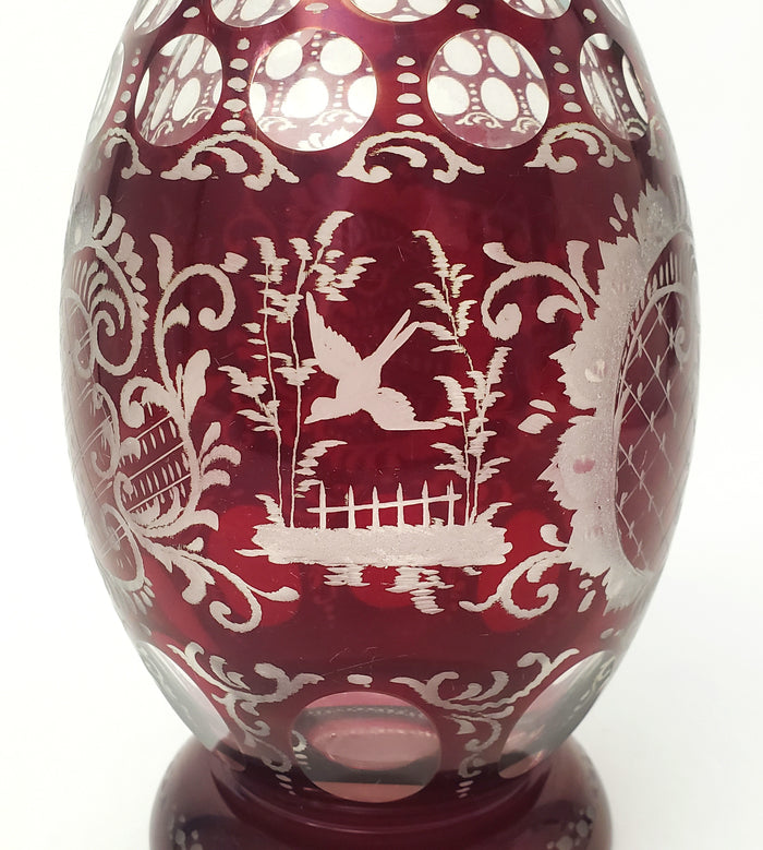 Bohemian Ruby Red Cut to Clear & Etched Glass Decanter with Matching Stopper