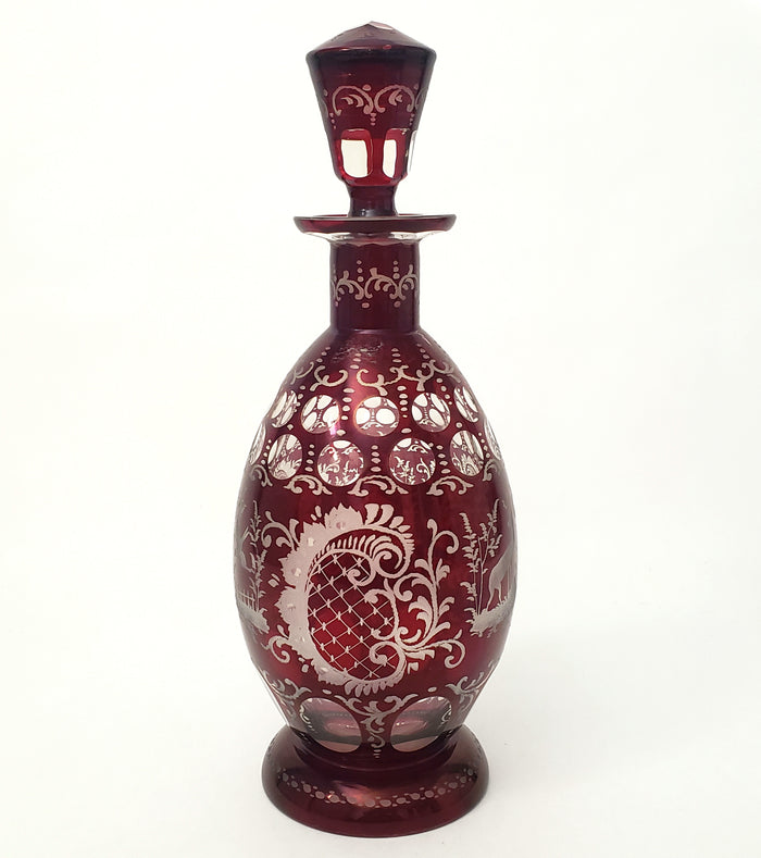 Bohemian Ruby Red Cut to Clear & Etched Glass Decanter with Matching Stopper