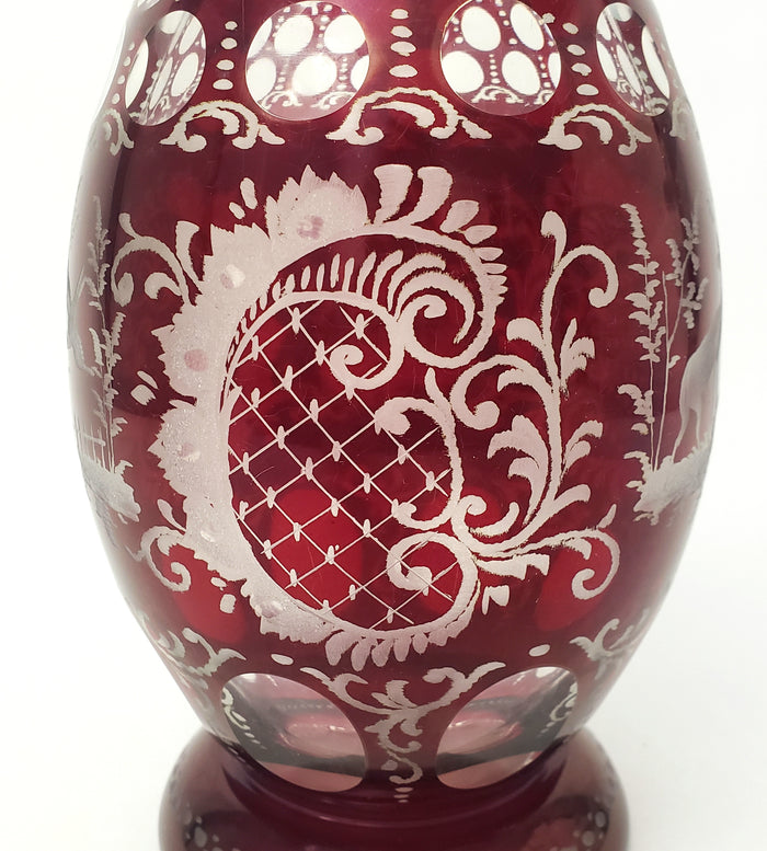 Bohemian Ruby Red Cut to Clear & Etched Glass Decanter with Matching Stopper