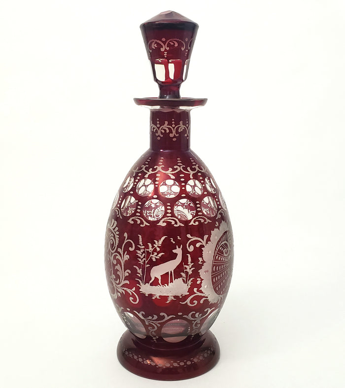 Bohemian Ruby Red Cut to Clear & Etched Glass Decanter with Matching Stopper