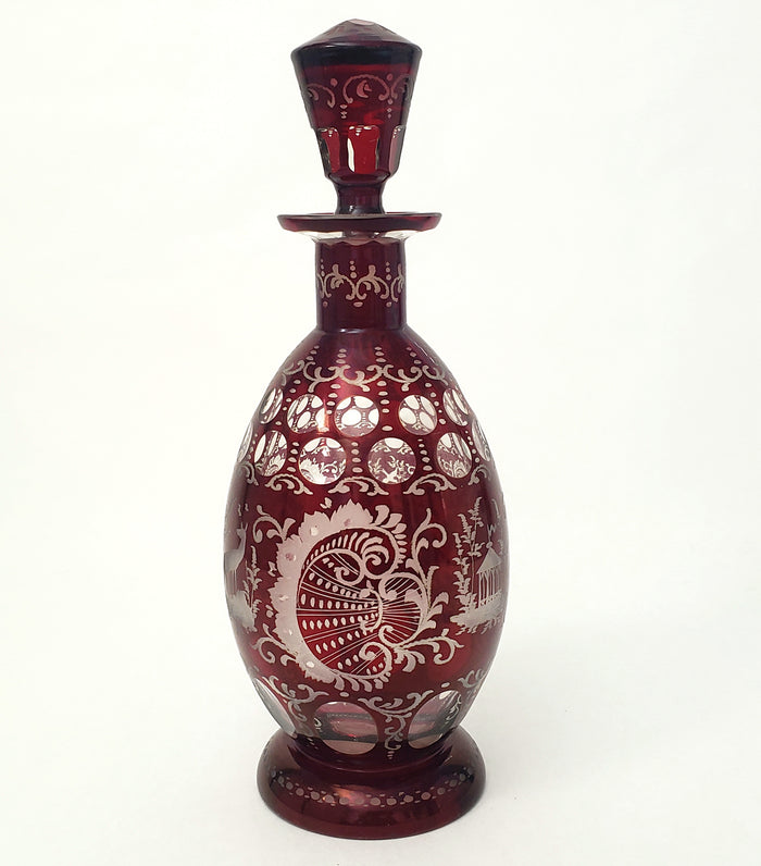 Bohemian Ruby Red Cut to Clear & Etched Glass Decanter with Matching Stopper