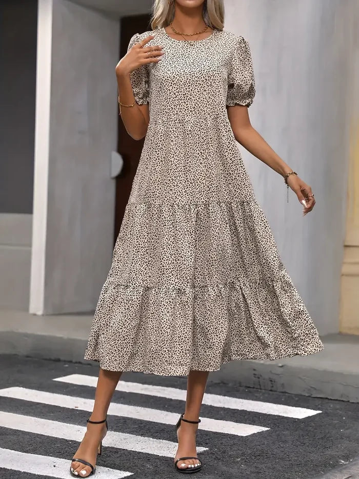 Boho Women's Dress with Puffed Sleeves, Gathered Design, Breathable Fabric, Available in Multiple Colors-1