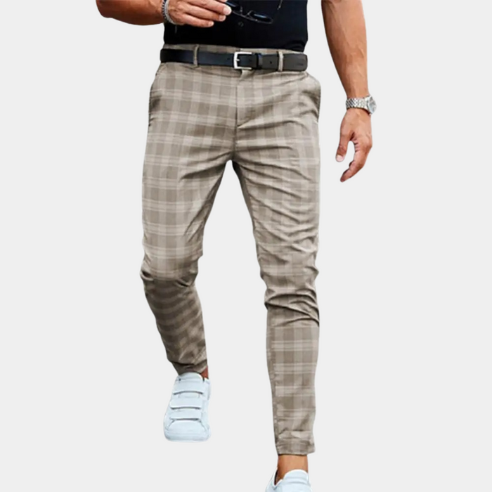 Breathable men's trousers – straight cut, checkered pattern, for summer outings 0
