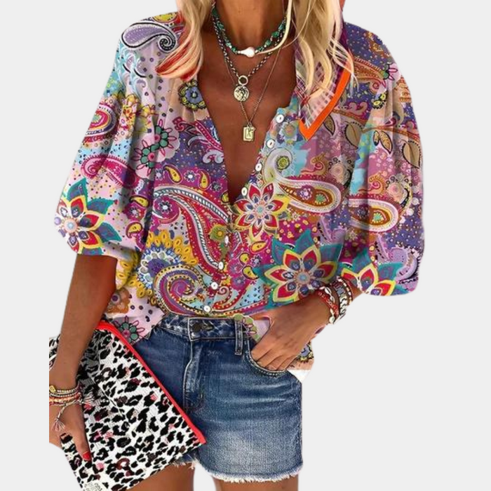 Breathable women's blouse – short sleeve paisley print, soft fabric, for summer outings 0