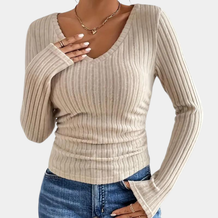 Bequemes Damen T-Shirt – V-Ausschnitt, gerippt, für Alltag und Freizeit 0