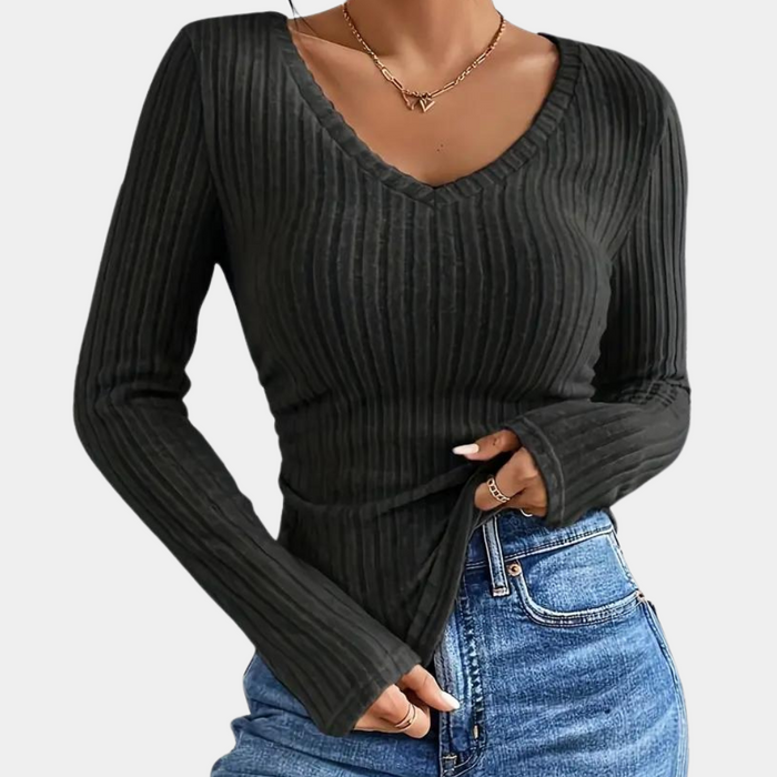 Bequemes Damen T-Shirt – V-Ausschnitt, gerippt, für Alltag und Freizeit 1