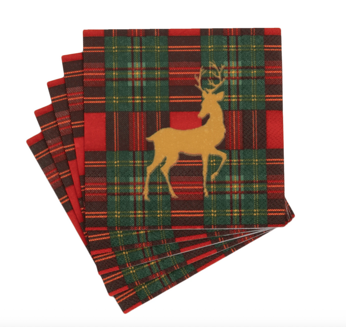 Caspari Reindeer Tartan Red Cocktail Napkins
