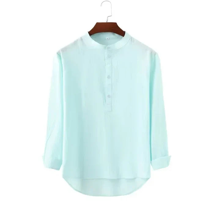 Casual Cotton Linen Shirt - Loose Tops, Long Sleeve, Henry Collar, Solid Blouse