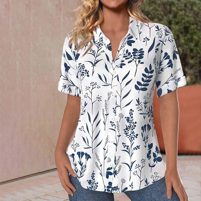 Casual Leaf Print Womens Blouse, Short Sleeves Cotton-Polyester Blend Summer Top for Spring and Summer Wear-1
