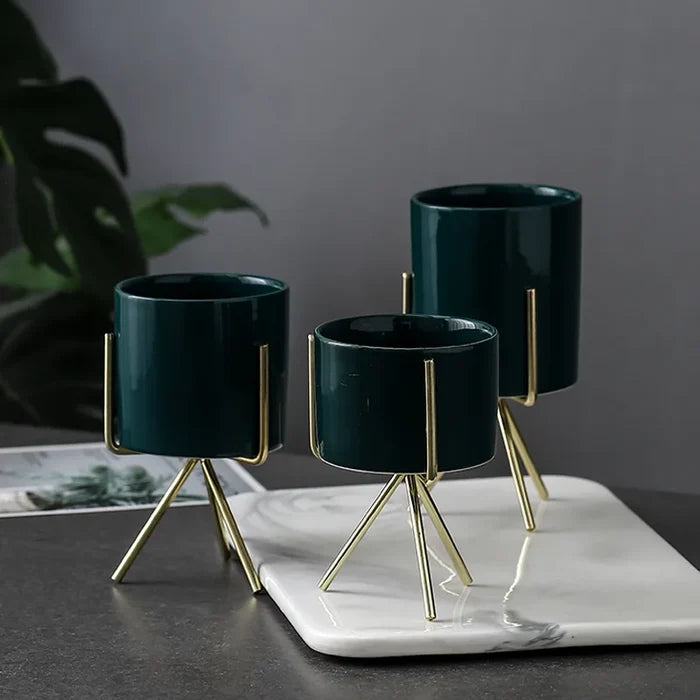 Ceramic Planters Set Of 3 With Gold Iron Stand Modern Desktop Succulent Planters Fall 2025 Stylish Gift