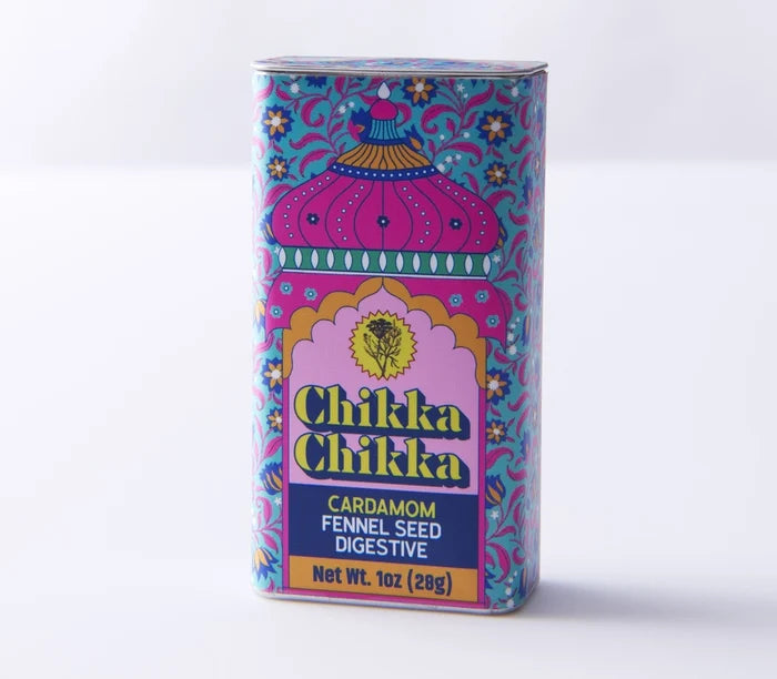 Colorful tin container of Chikka Chikka digestive snacks with its respective flavor indicated.