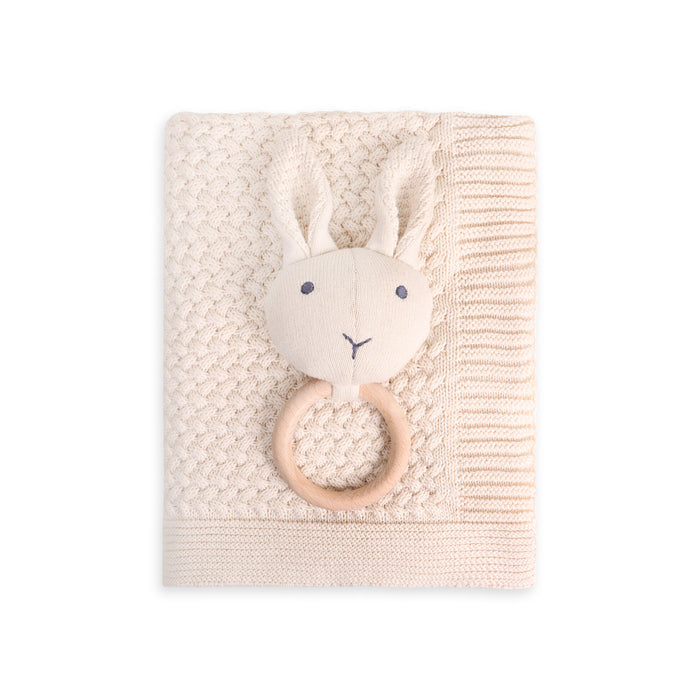 Classic Moss Knit Baby Blanket + Bunny Rattle Gift Set (Organic Cotton)
