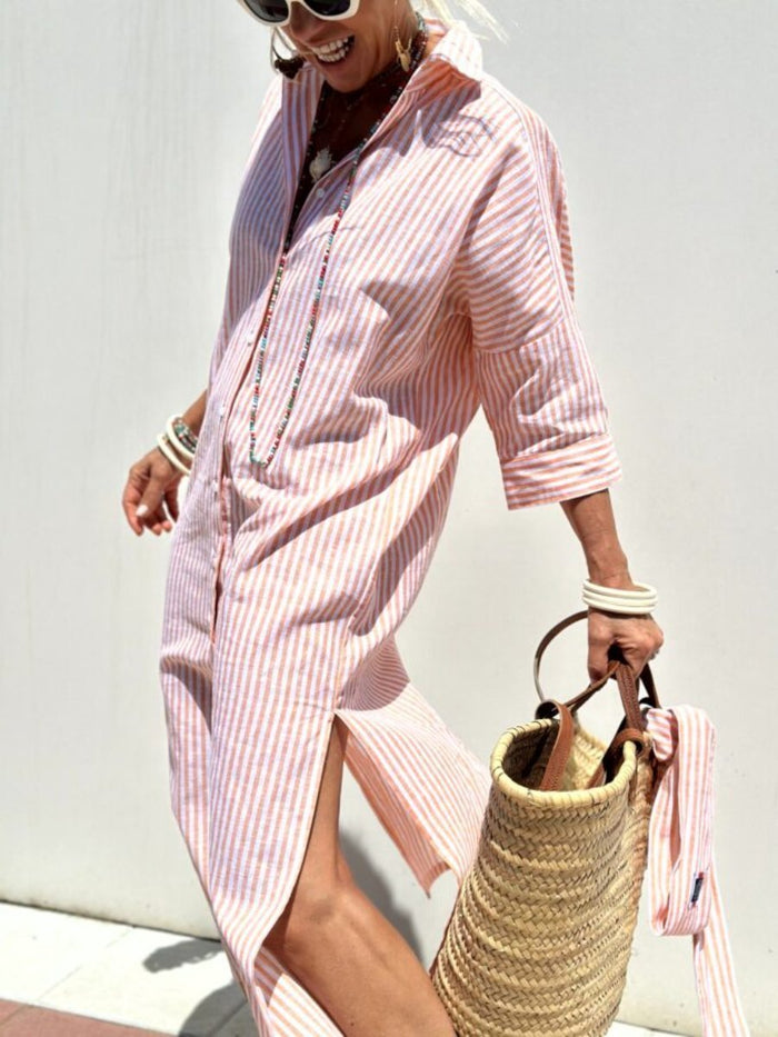 Classic Striped Women's Dress with Lace Trim, Elegant Summer Dress for Versatile Styling-4