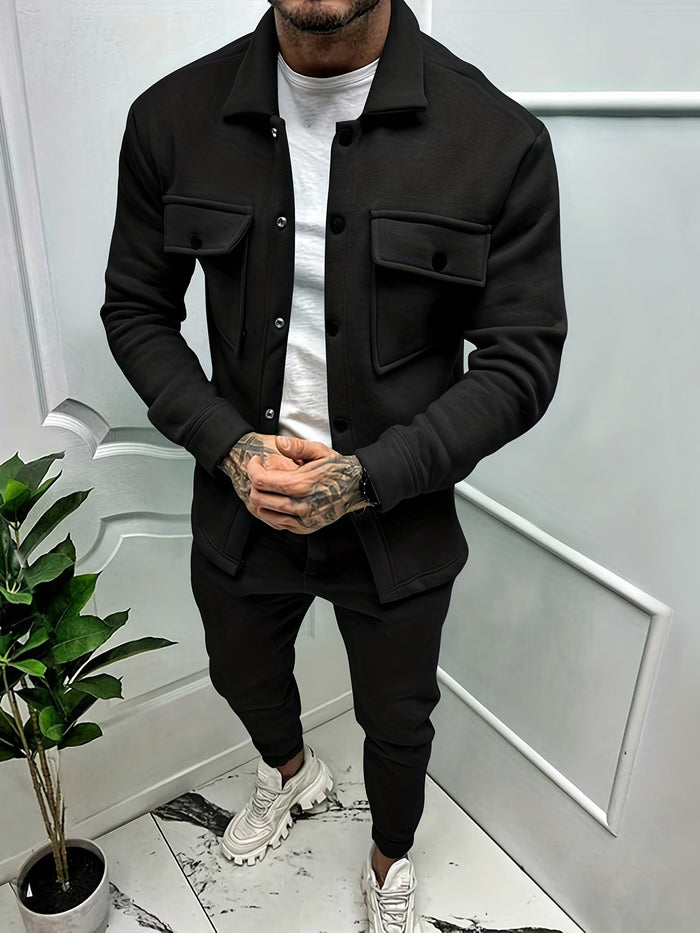 Bequemes Herren Baumwoll-Set – lässige Jacke mit Taschen, klassische Hose, für Büro und Freizeit 0