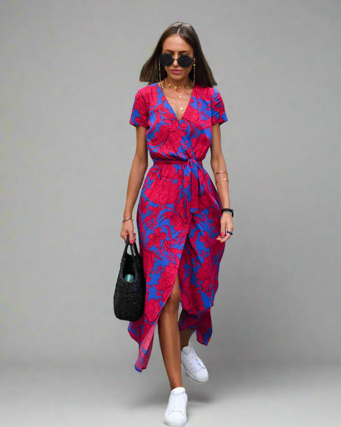 Elegant A-Line Women's Dress with V-Neck and Floral Pattern, Perfect for Summer and Formal Occasions-1