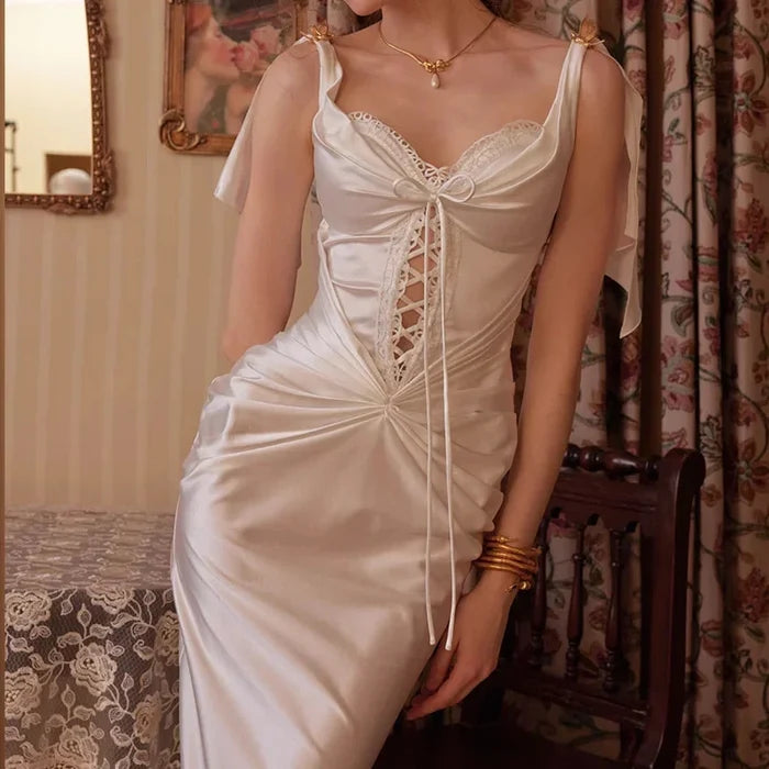 Elegant Backless Satin Summer Dress with Lace-Up Closure for Wedding Guests and Formal Events 0