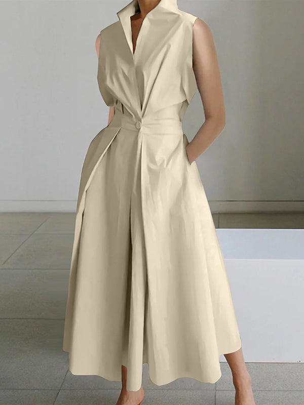 Elegant White Dress with Shirt Collar, Versatile Women's Dress for Formal and Casual Occasions-2