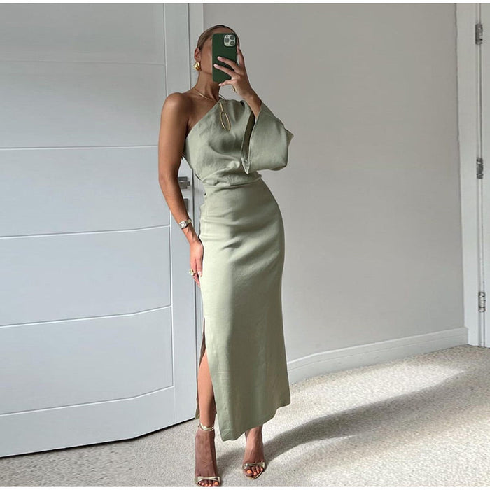 Elegant Black Midi Dress with Asymmetrical Shoulder and Long Sleeves for Women-1