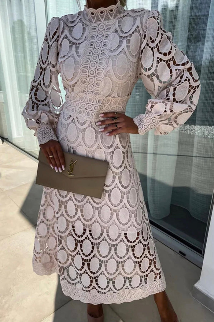 Elegant White Midi Dress with Flattering Fit, Long Sleeve Design for Versatile Occasions - Perfect for Women-5
