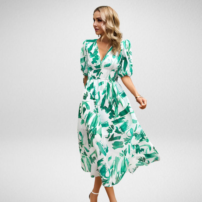 Elegant Printed Midi Dress with Three-Quarter Sleeves for Women - Versatile Midi Dress for Any Occasion-4