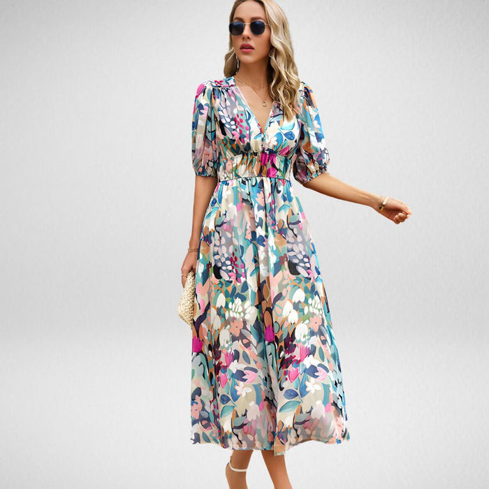 Elegant Printed Midi Dress with Three-Quarter Sleeves for Women - Versatile Midi Dress for Any Occasion-5