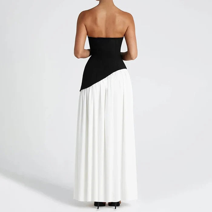 Elegant Strapless Maxi Dress with Patchwork Scarf Collar and High Split for Summer Evening Events 2