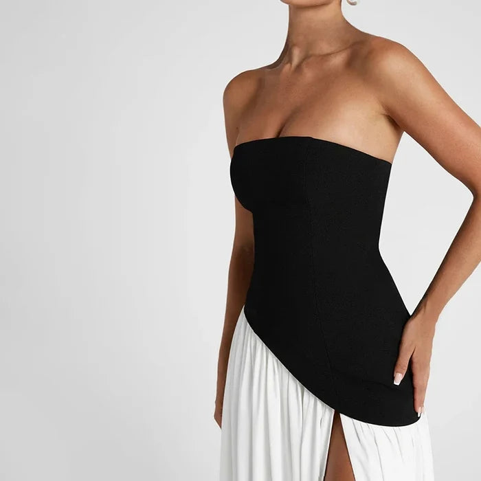 Elegant Strapless Maxi Dress with Patchwork Scarf Collar and High Split for Summer Evening Events 3