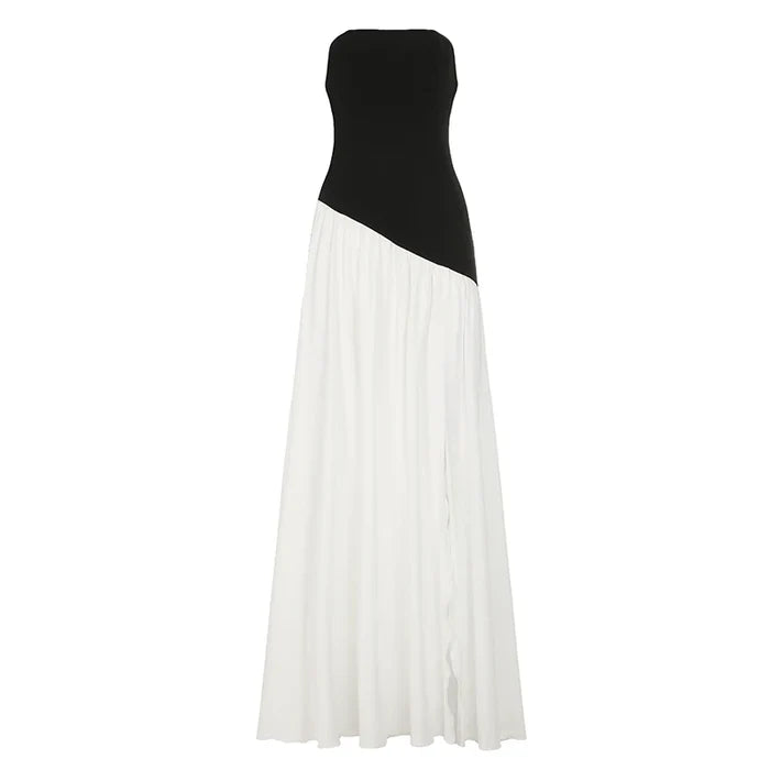Elegant Strapless Maxi Dress with Patchwork Scarf Collar and High Split for Summer Evening Events 5