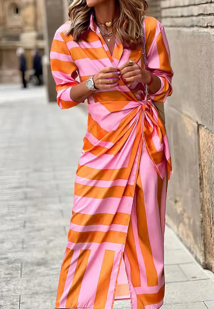Elegant Striped Wrap Dress for Women, Flattering Plus Size Summer Dress, Versatile Style for Any Occasion-1
