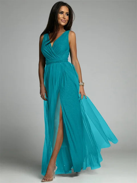 Elegant V-Neck Sleeveless Dress with Slit Hem, Plus Size Formal Wedding Guest Cocktail Dress-3